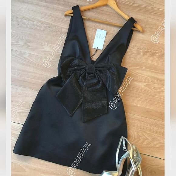 Zara Black Mini Dress with Bow - Picture 1 of 17